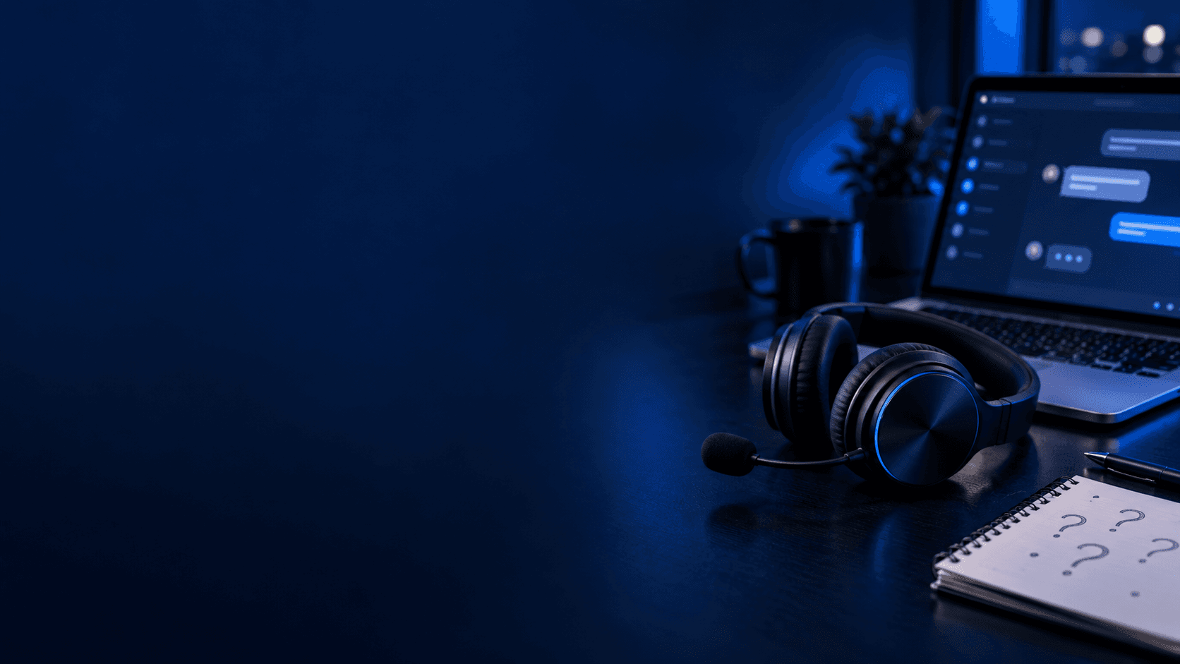 Casque et carnet posés près d'un ordinateur portable, sur un bureau bleu nuit