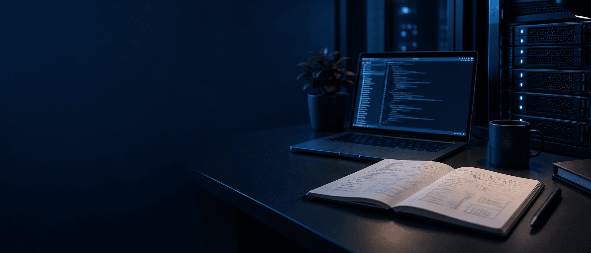 Carnet technique et terminal éclairés sur un bureau bleu nuit