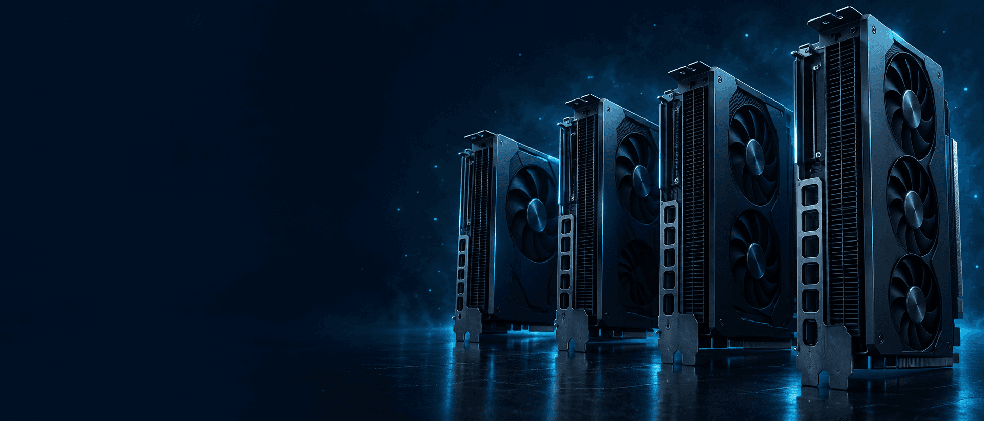 Cartes GPU alignées, éclairées d'un halo bleu