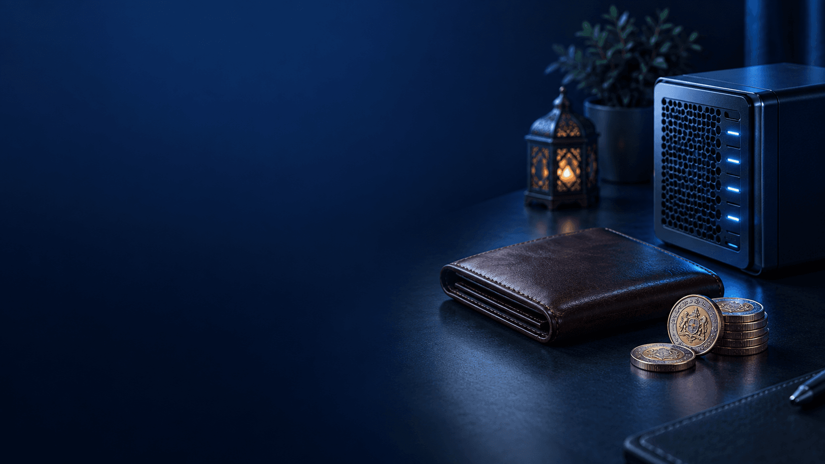 Portefeuille, pièces de dirhams et module de serveur sur un bureau bleu nuit